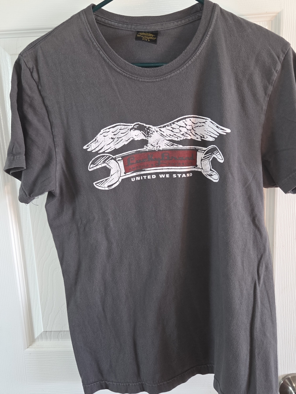 Lucky Brand Charcoal Tee with White Eagle and Red Banner